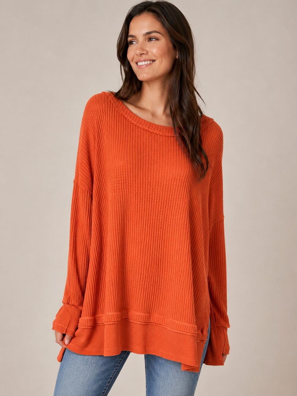 We The Free Coral Light Waffle Knit Oversized Boho Tunic Thermal Top NWT L